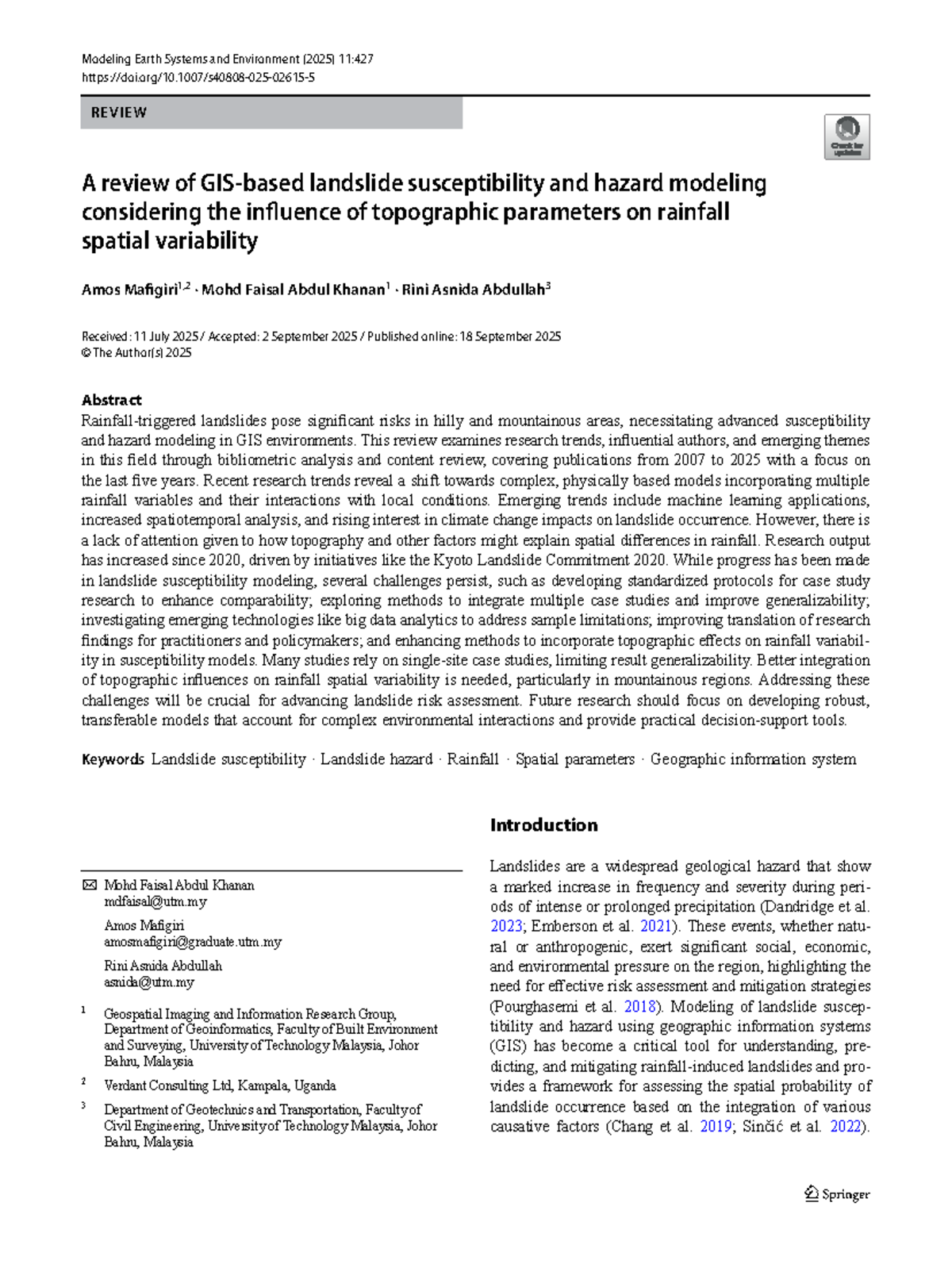 A Review of GIS-Based Landslide Susceptibility & Hazard Modeling (2025 ...