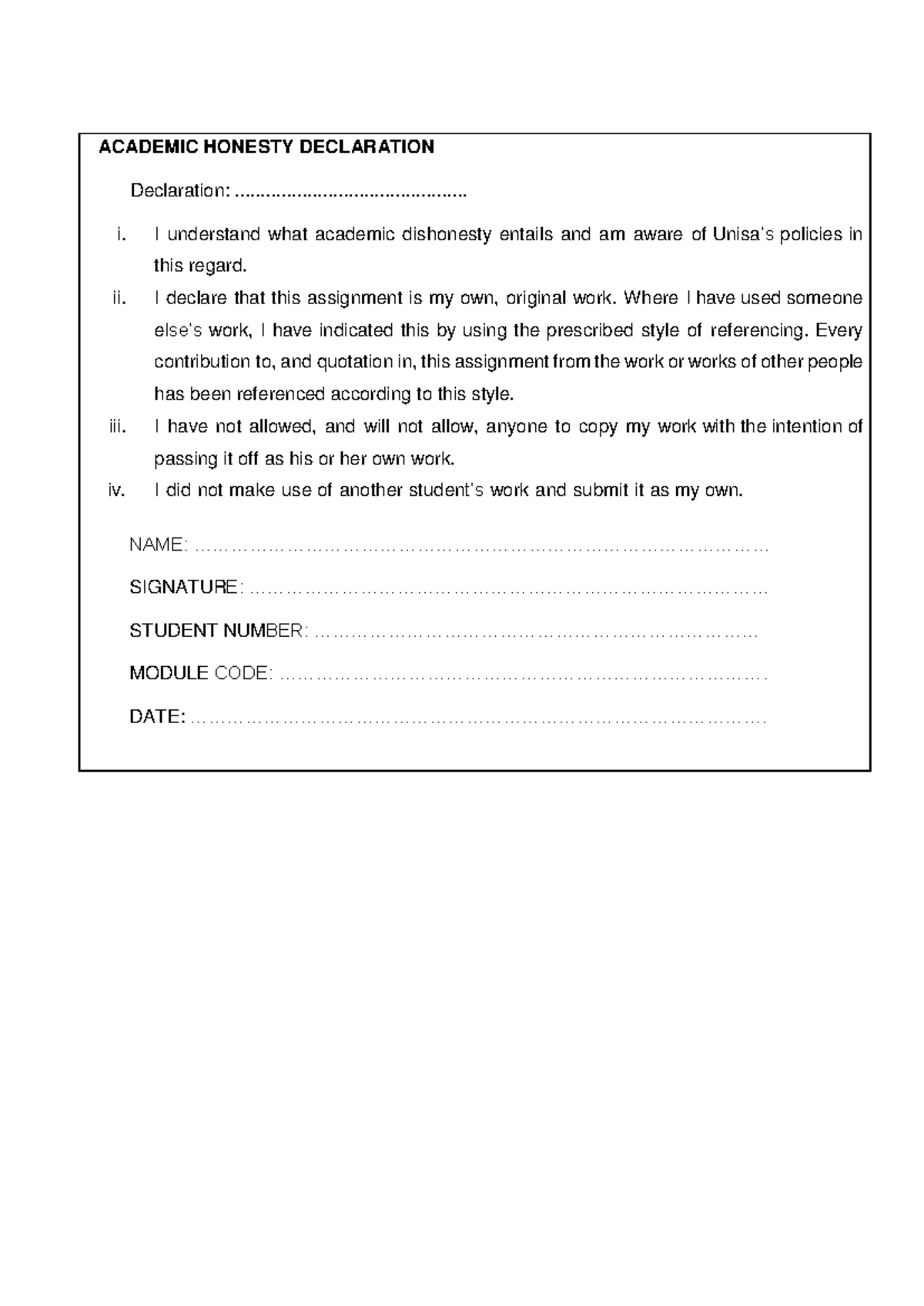 CPD Declaration Form - Academic Honesty Statement - Studocu