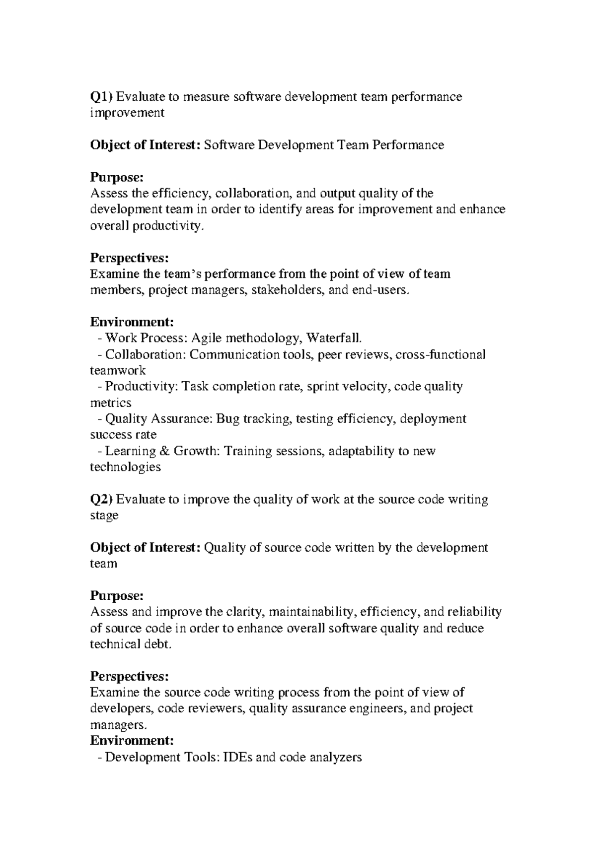 HW - Eval of Software Dev Team Performance and Quality Improve - Studocu