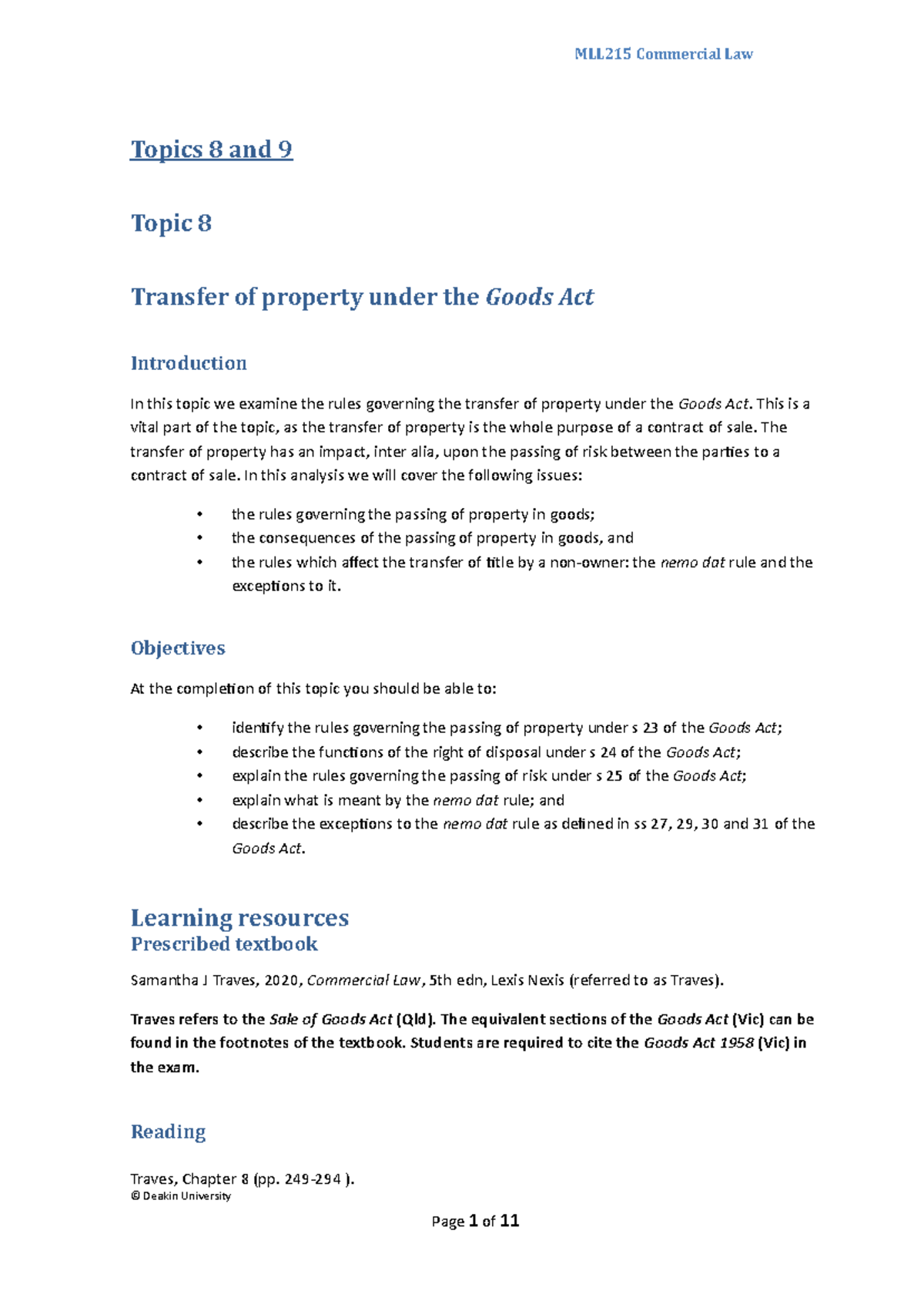 MLL215 Transfer of title to goods - MLL215 Commercial Law Topics 8 and ...