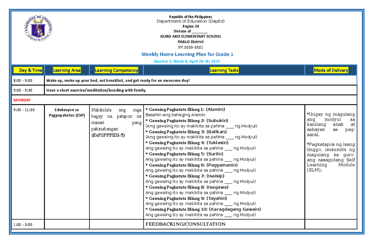 Grade 1 ALL Subjects WHLP Q3 W6 - Weekly Home Learning Plan for Grade 1 ...