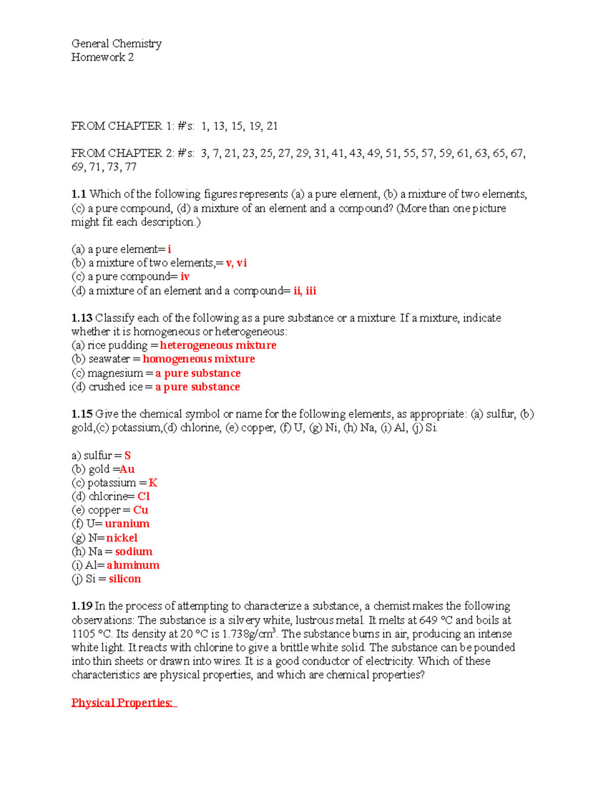Ch.2 Chem HW - Solutions and Calculations for Chapter 2 Assignments ...