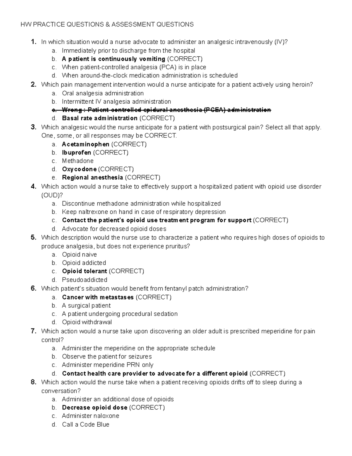 HW 2023: Pain Management & Opioid Use - Practice Questions - Studocu