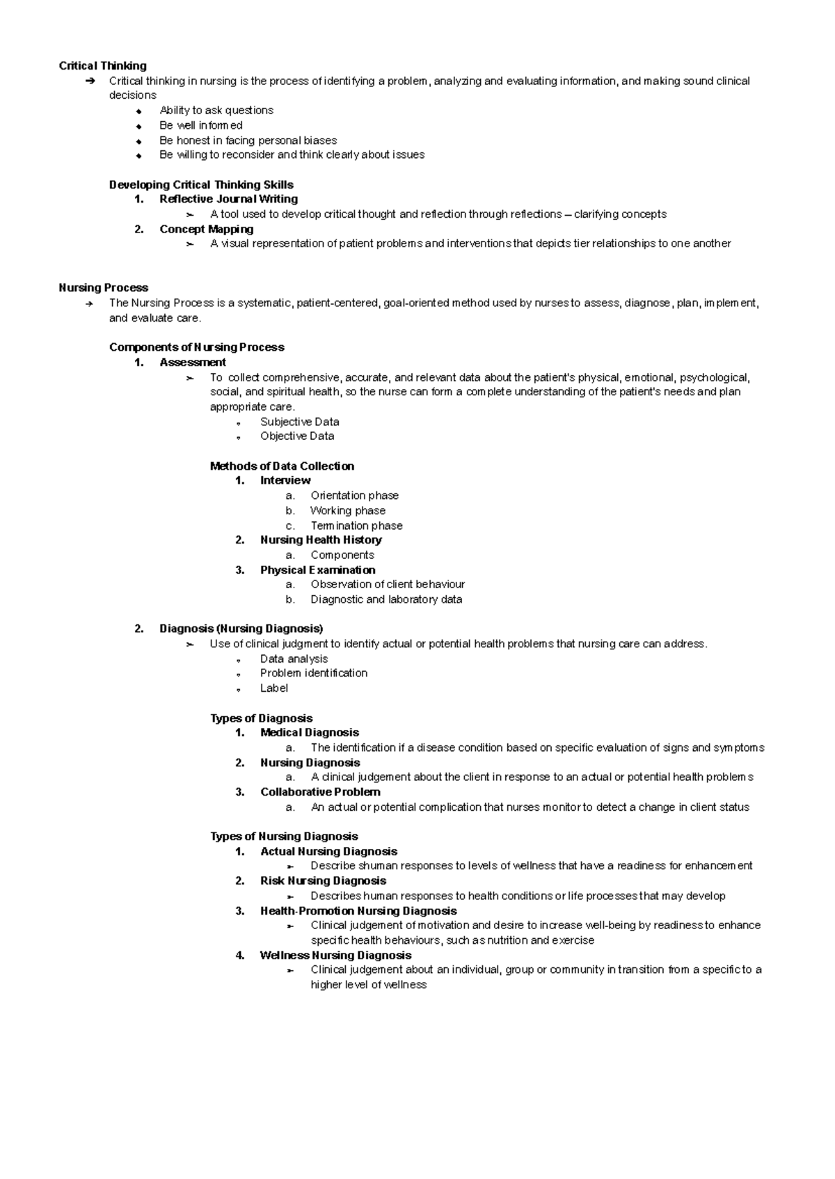 NURS 101: Nursing Theory Week 1 Lecture Notes on Critical Thinking ...