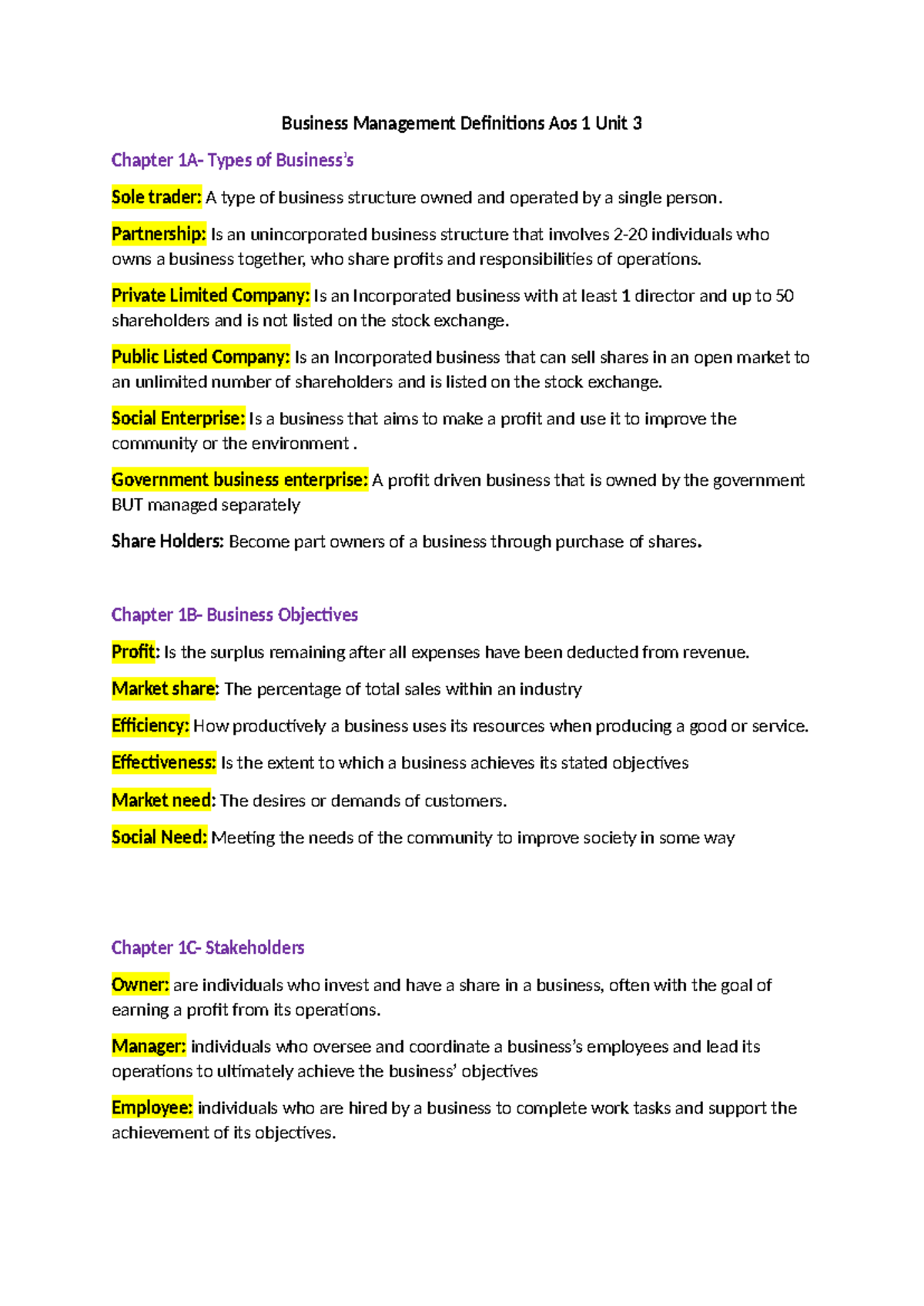 Business Management Definitions & Types AOS 1 Unit 3 Guide - Studocu