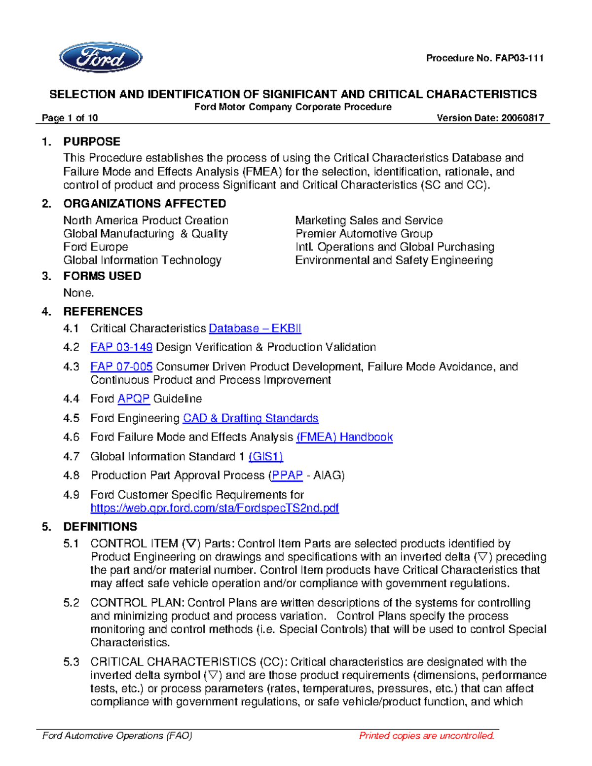 Ford Corp Procedure: Selection & Identification of SC & CC ...