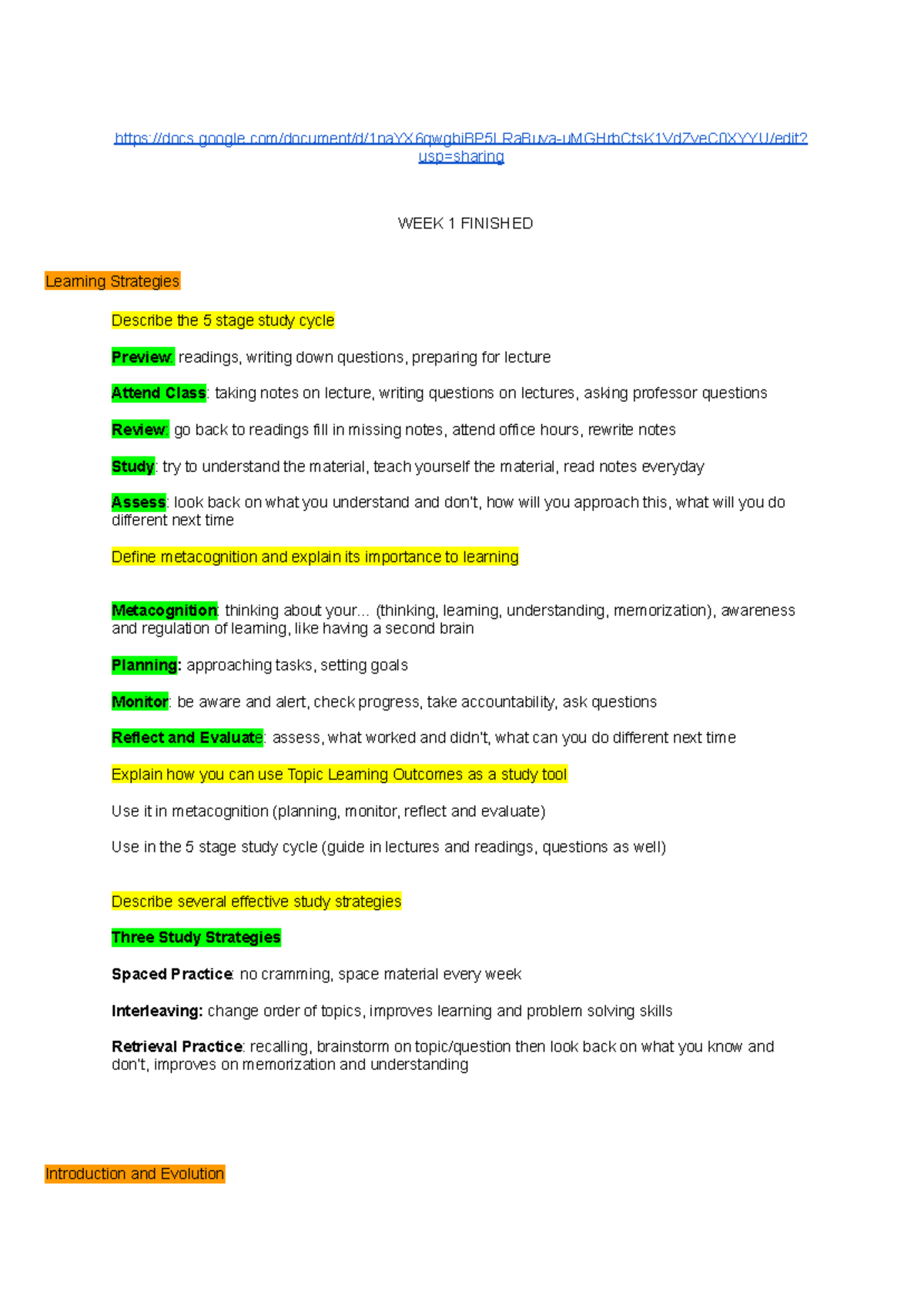 Biol1000 LO Study Sheet: Learning Strategies and Key Concepts from ...