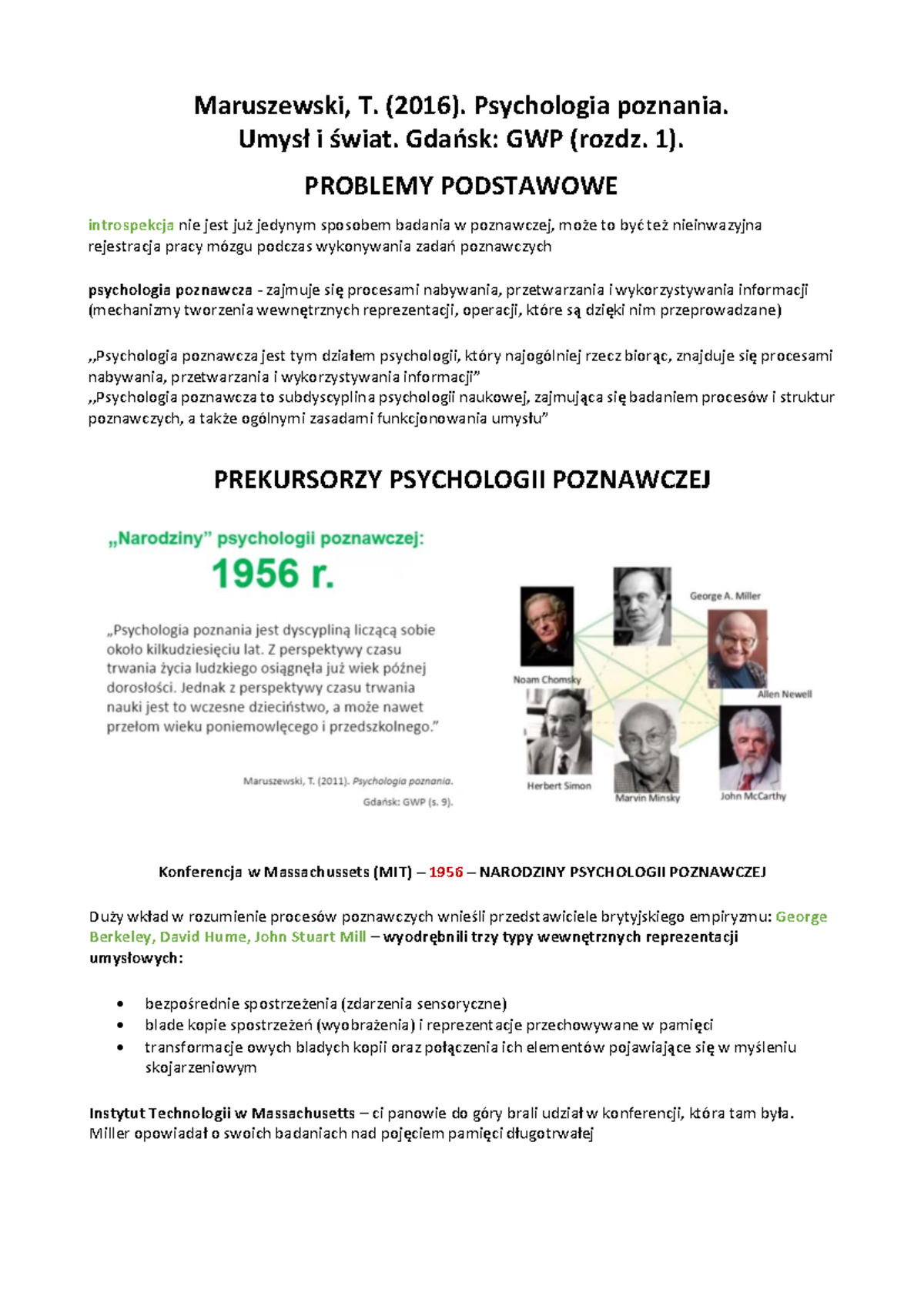 Notatki- Poznawcza-2 - Maruszewski, T. (2016). Psychologia poznania