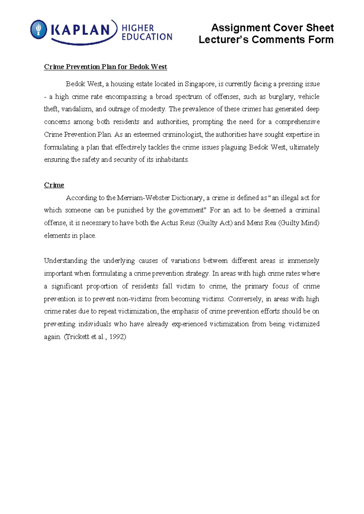Final Assignment: Crime Prevention Strategies for Bedok West - Studocu