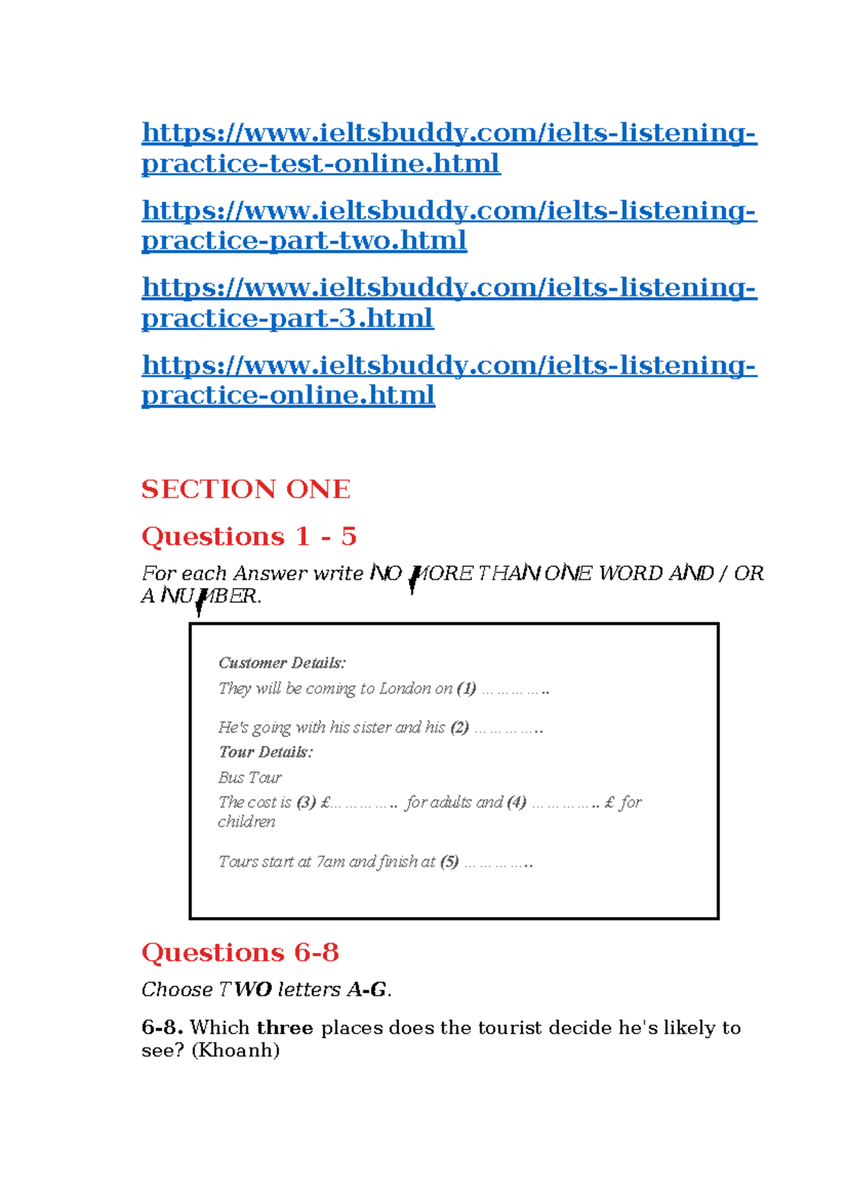 Listening Test: Section One to Four Questions and Answers - Studocu