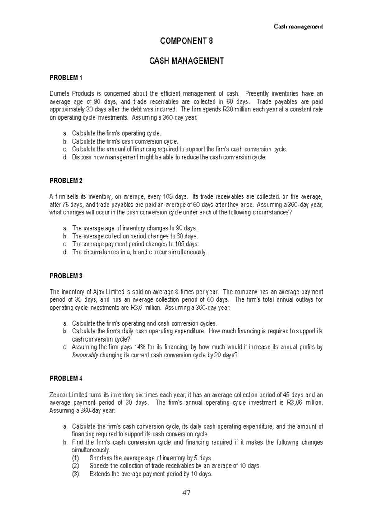 Cash Management Exercises & Solutions (COMPONENT 8) - Studocu