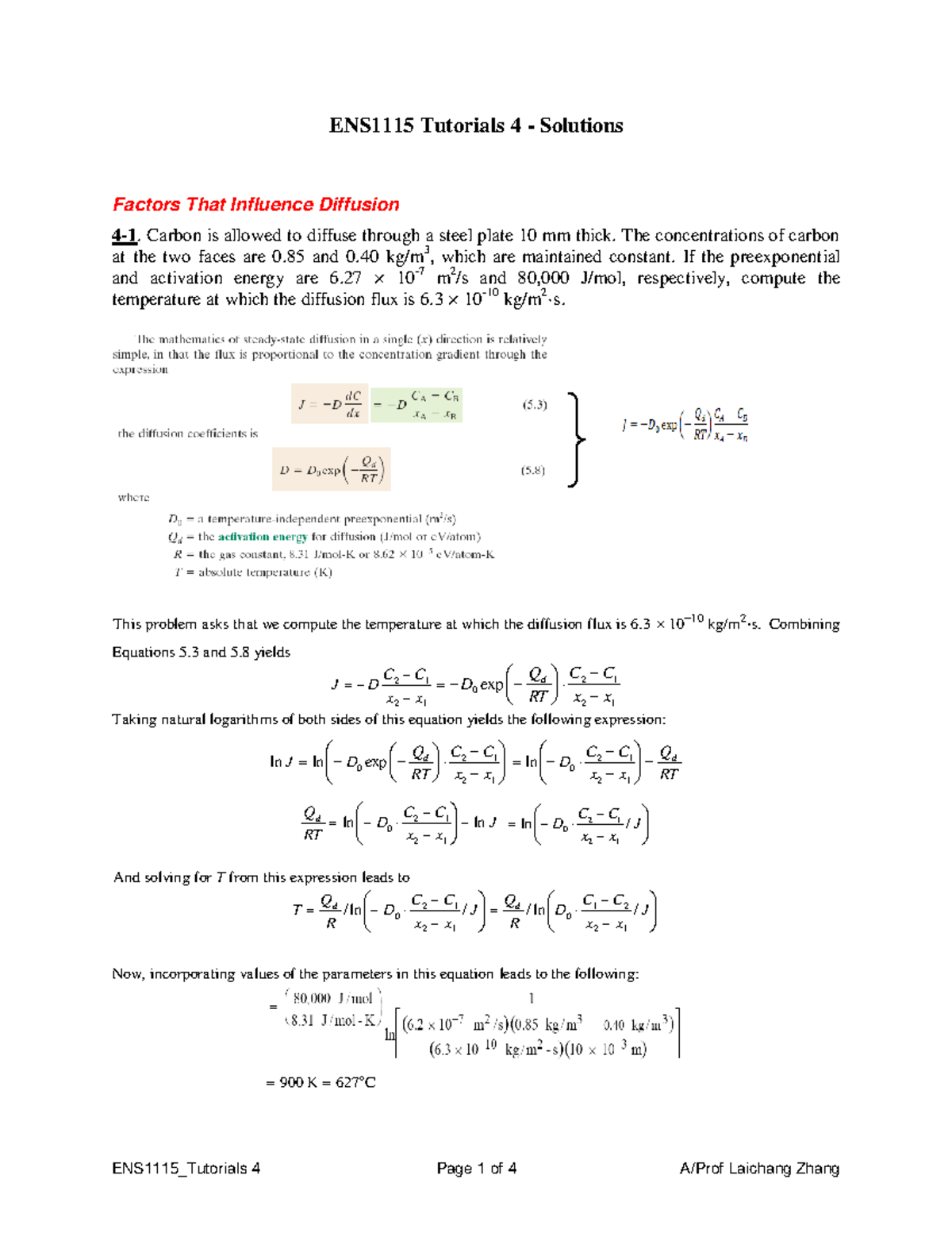 ENS1115 Tutorial 4 Solutions: Diffusion Calculations Explained - Studocu
