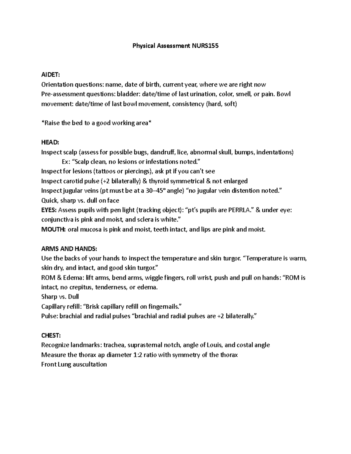 Health Assessment CPE: Physical Assessment Guide for NURS155 - Studocu