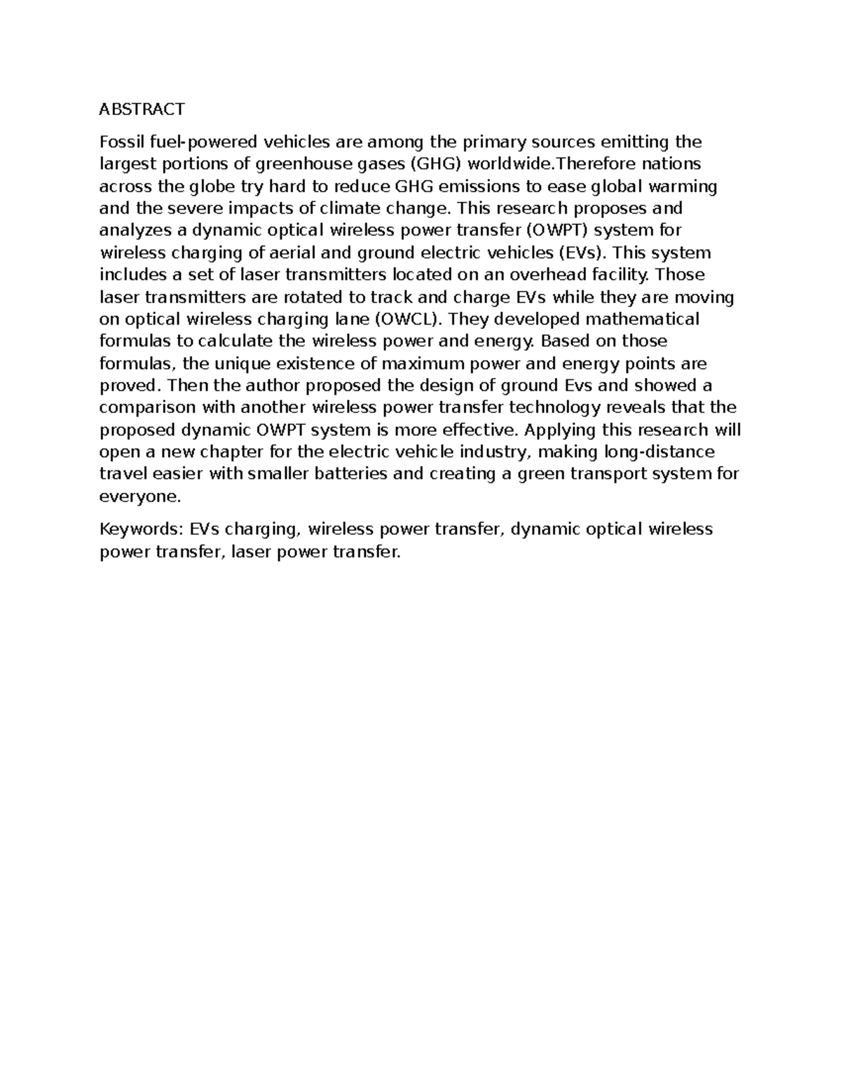 Dynamic Optical Wireless Power Transfer for EVs Charging: Abstract ...
