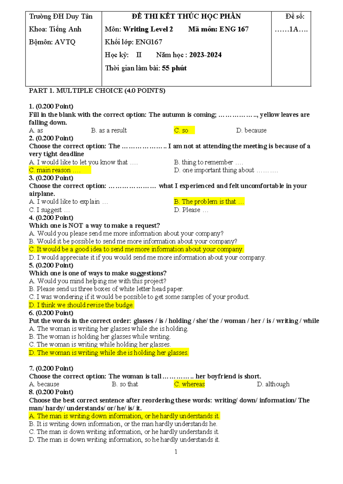ENG 167 Final Exam Sample - Writing Level 2 (2024-2025) - Studocu