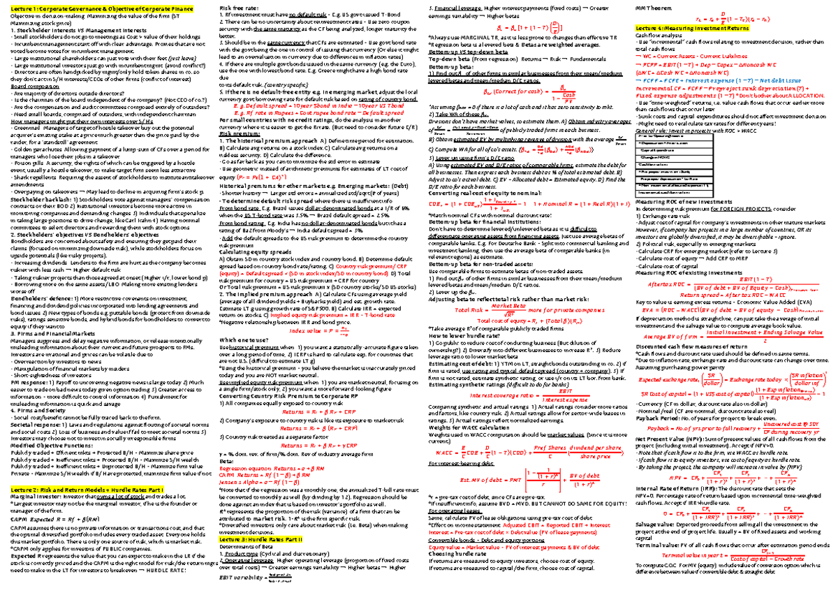 Corporate Finance Lecture Notes: Governance, Risk & Hurdle Rates - Studocu