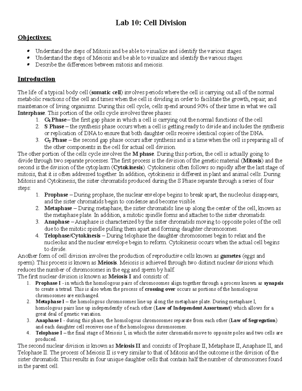 Lab 10: Cell Division - Mitosis and Meiosis Lecture Notes - Studocu