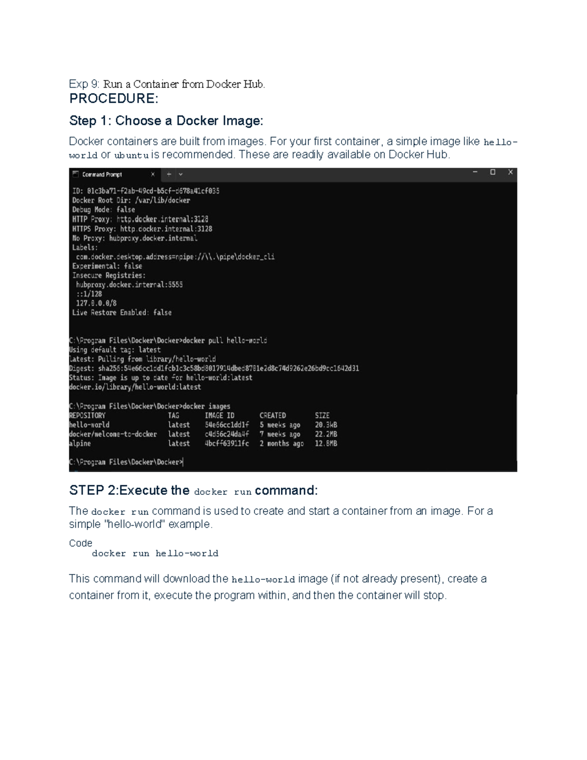 CC EXP 9 - Lab: Running a Container from Docker Hub - Studocu