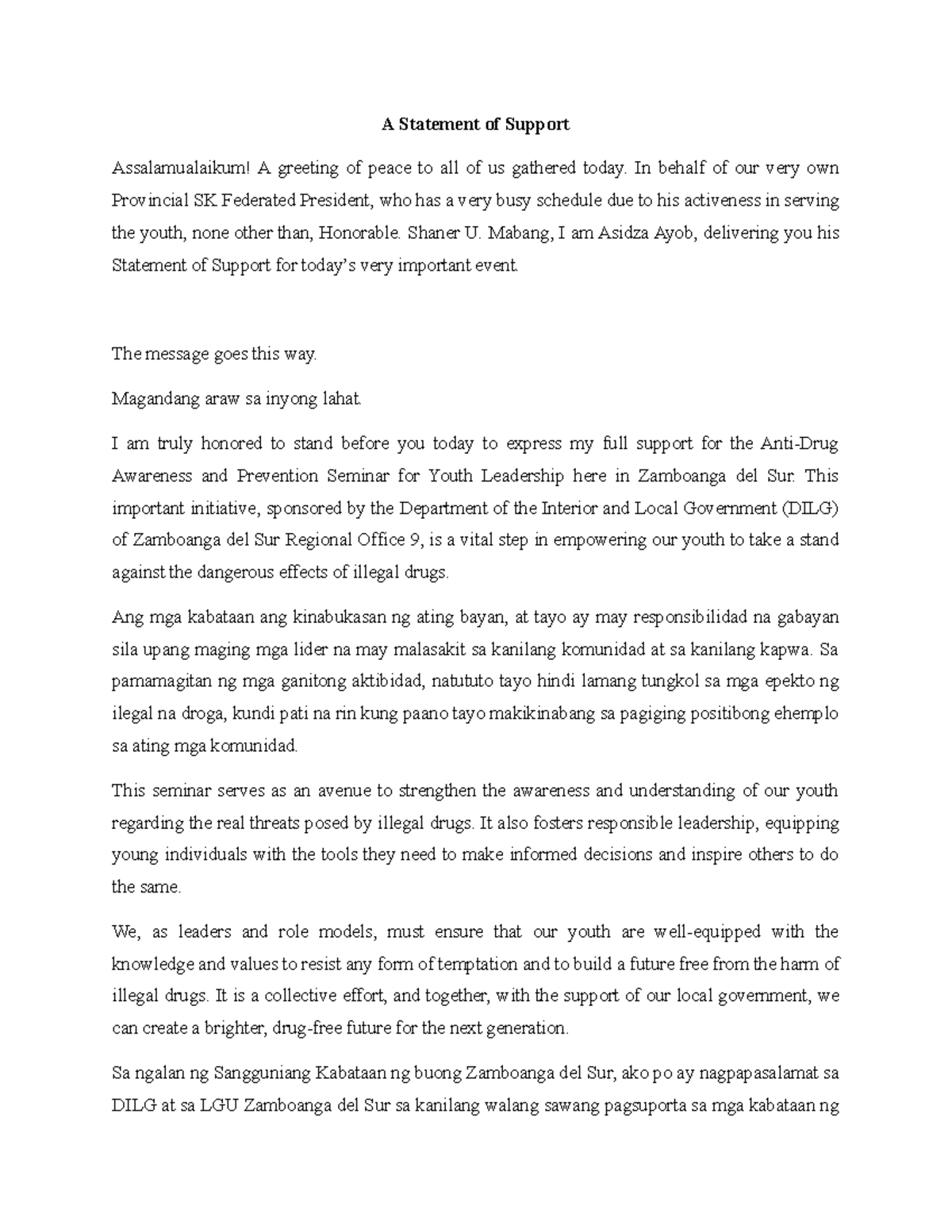 A Statement of Support - A Statement of Support Assalamualaikum! A ...