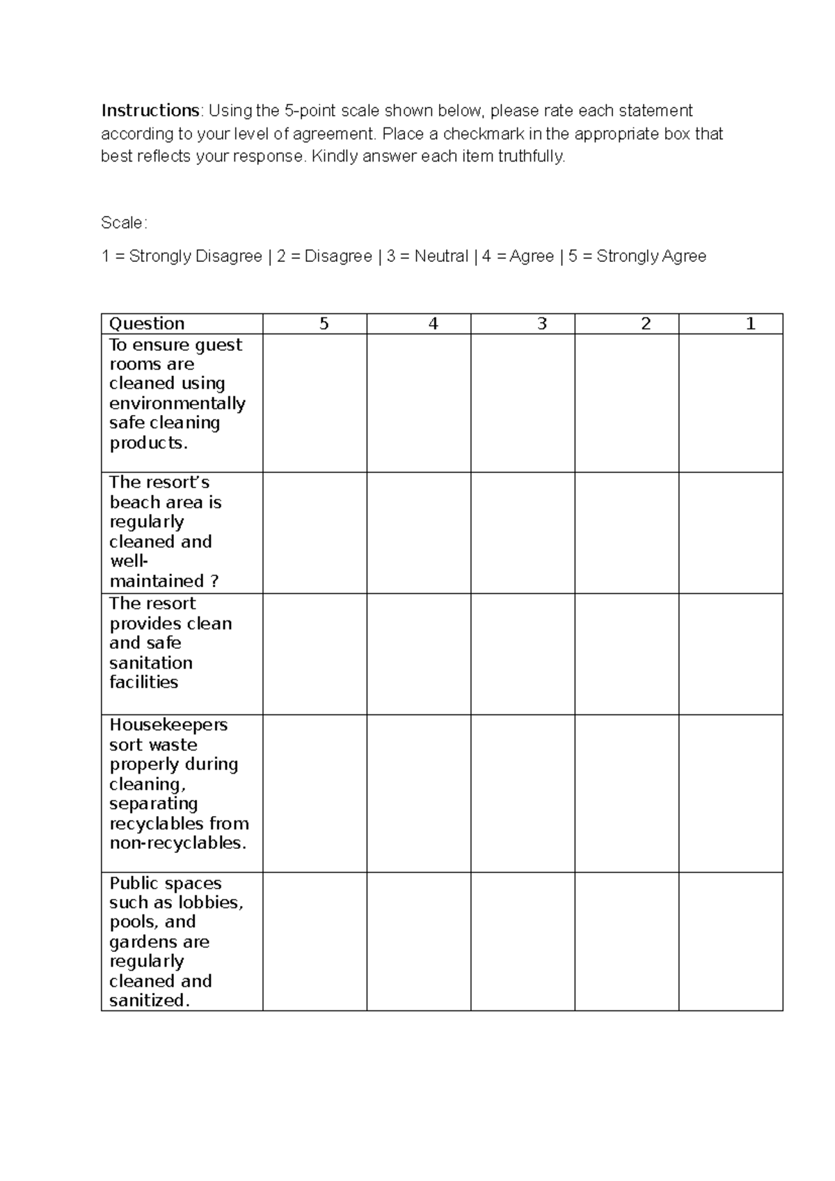 Beach Resort Questionnaire: Guest Satisfaction & Environmental ...