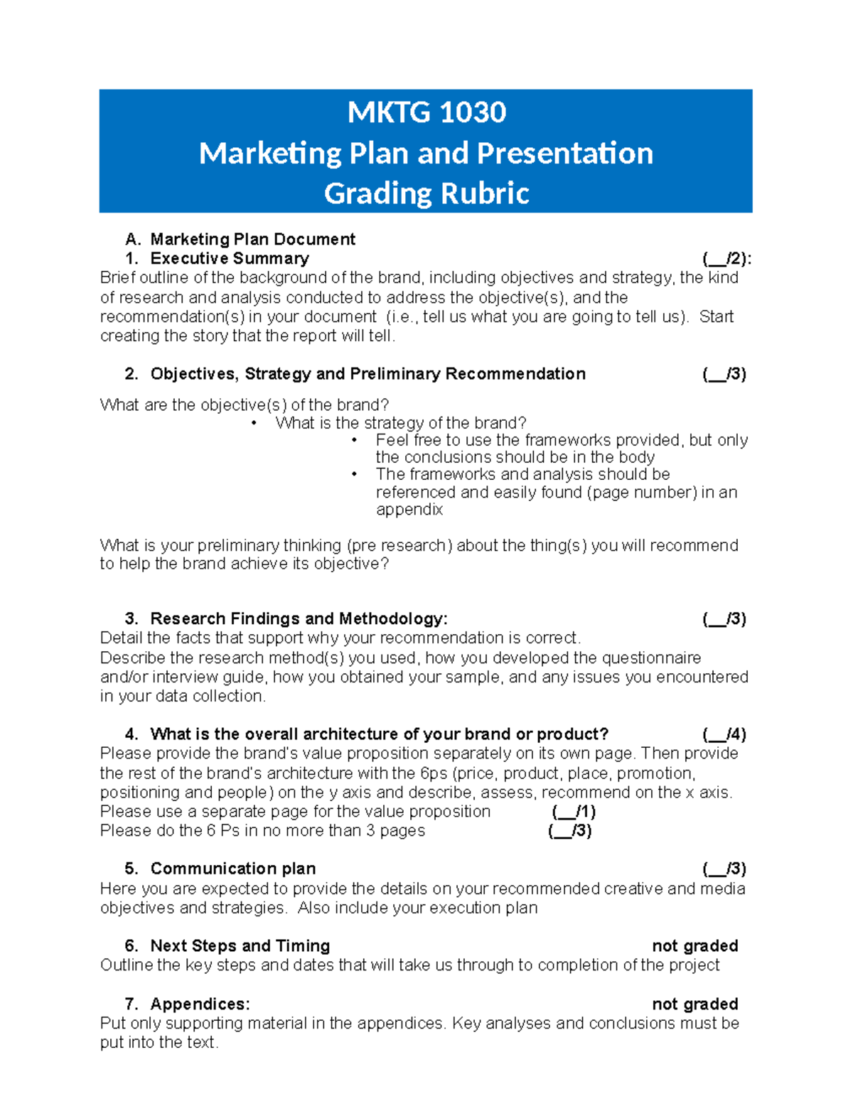 MKTG 1030 Marketing Plan & Presentation Grading Rubric Guide - Studocu