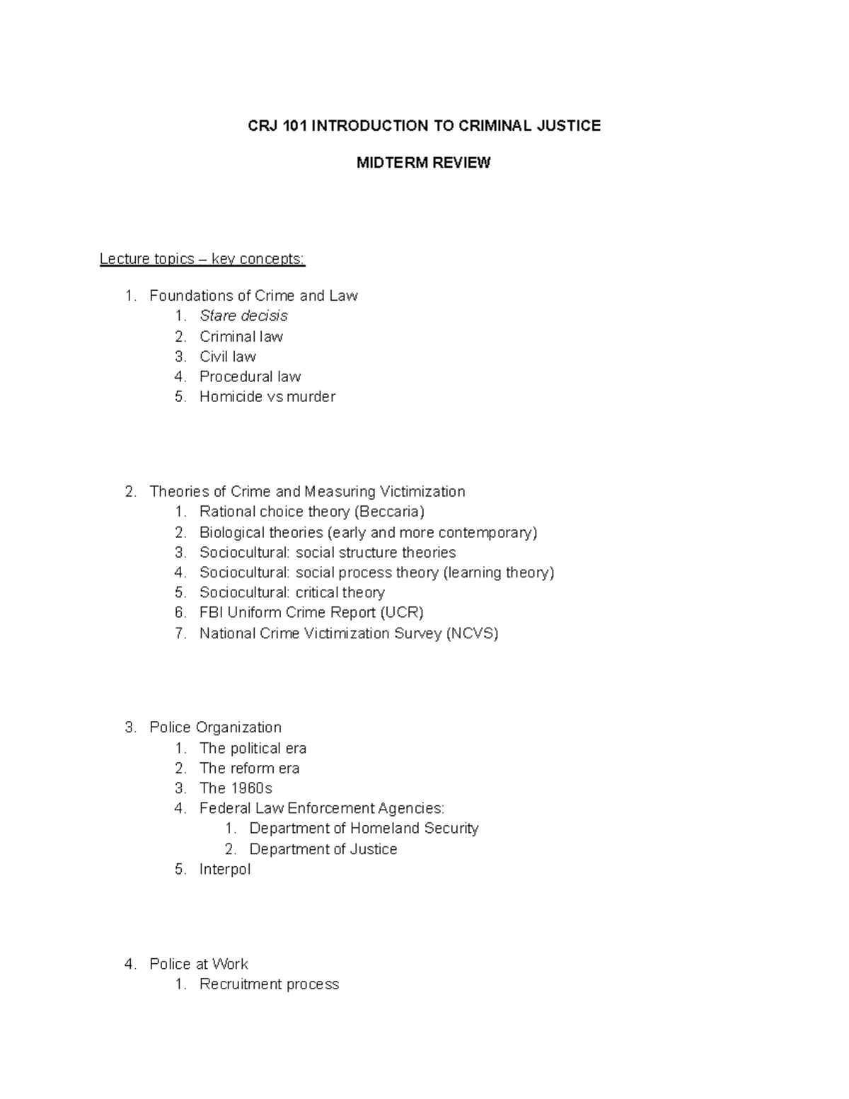 CRJ 101 Midterm Review: Key Concepts in Criminal Justice - CRJ 101 ...
