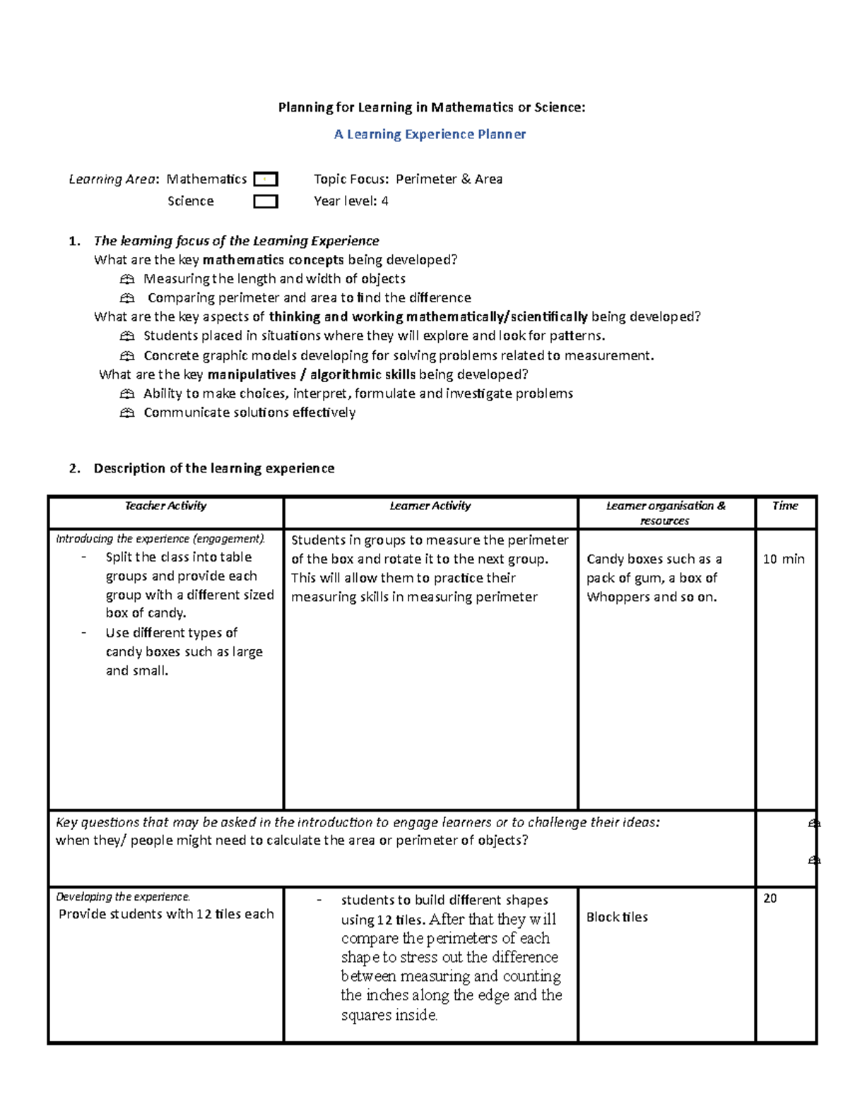 Learning Experience Planner 1 - Planning for Learning in Mathematics or ...