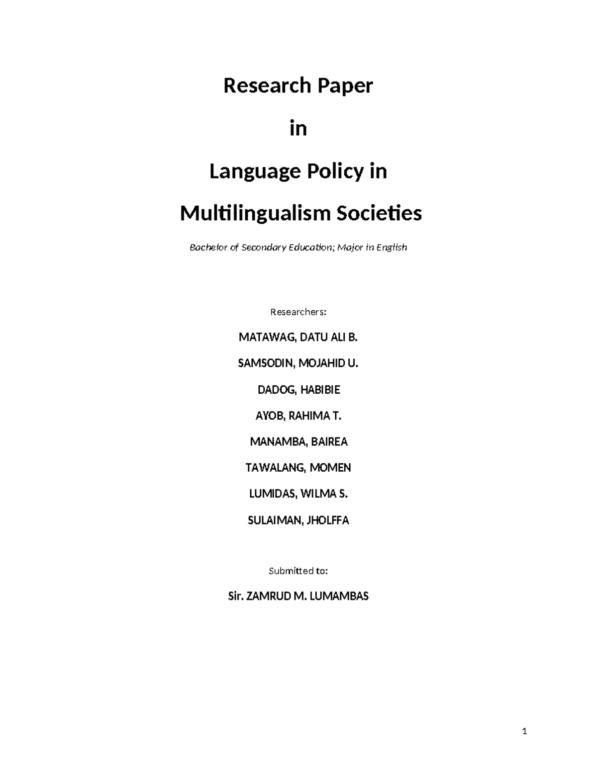 Language Policy in Multilingual Societies: Research Insights (BSE-Eng ...