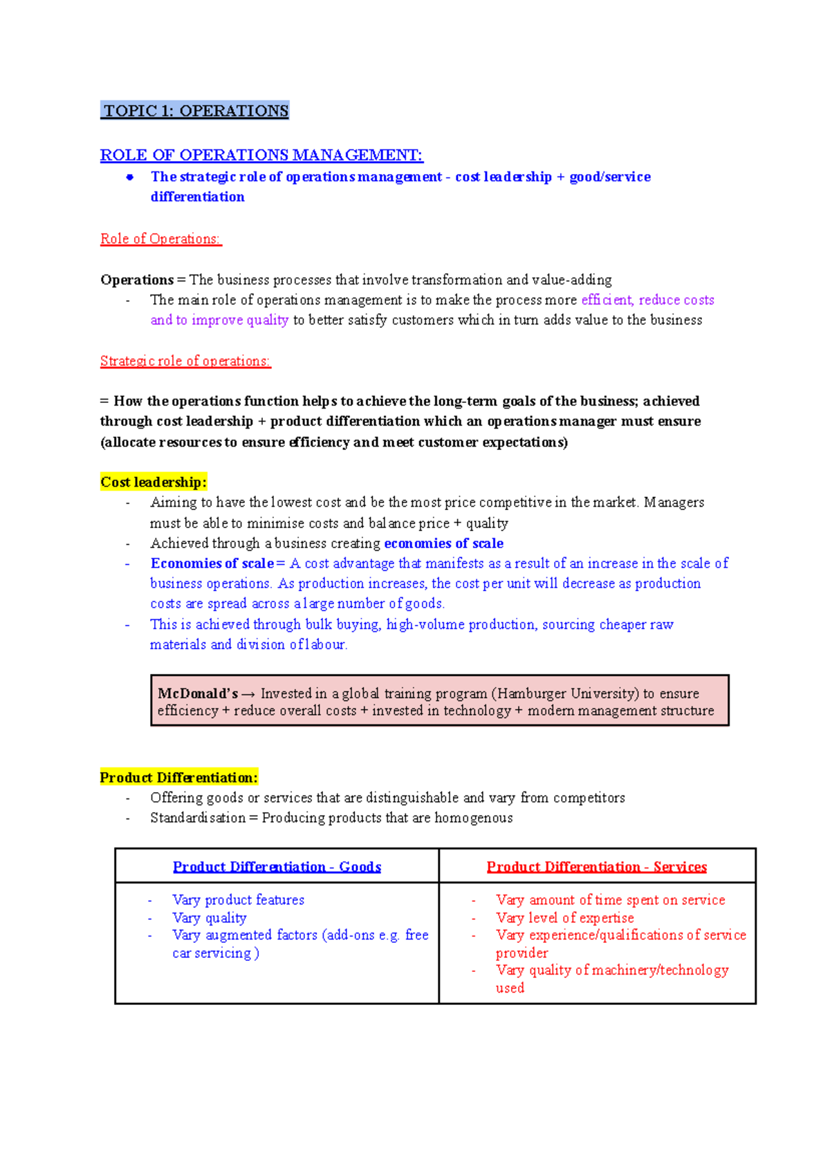 BUS 101: Operations Management Notes on Strategic Roles and Cost ...