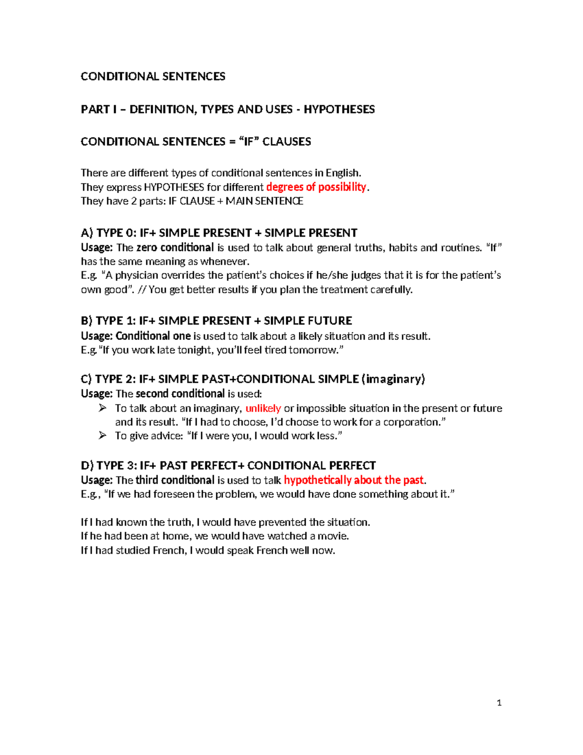 Conditional Sentences E2: Types, Uses, and Practice - Studocu