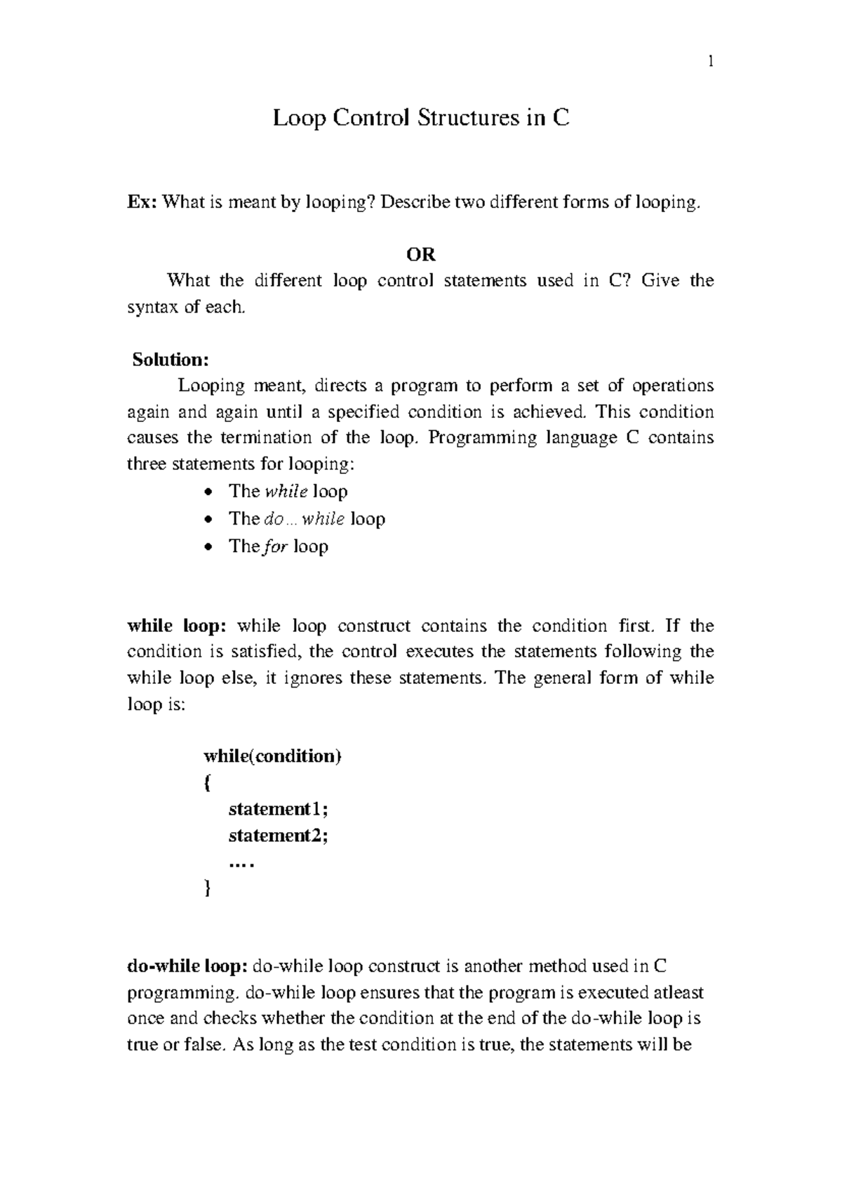 C Language Loop Control Structures - Summary (C101) - Studocu