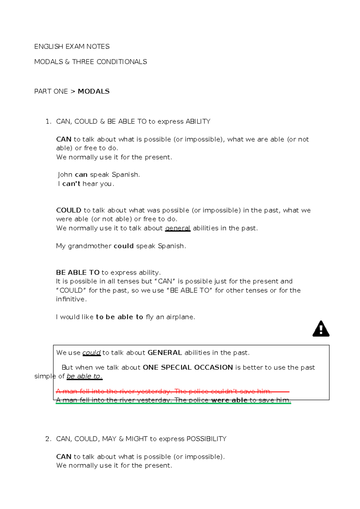 Modals and three conditionals - ENGLISH EXAM NOTES MODALS & THREE ...