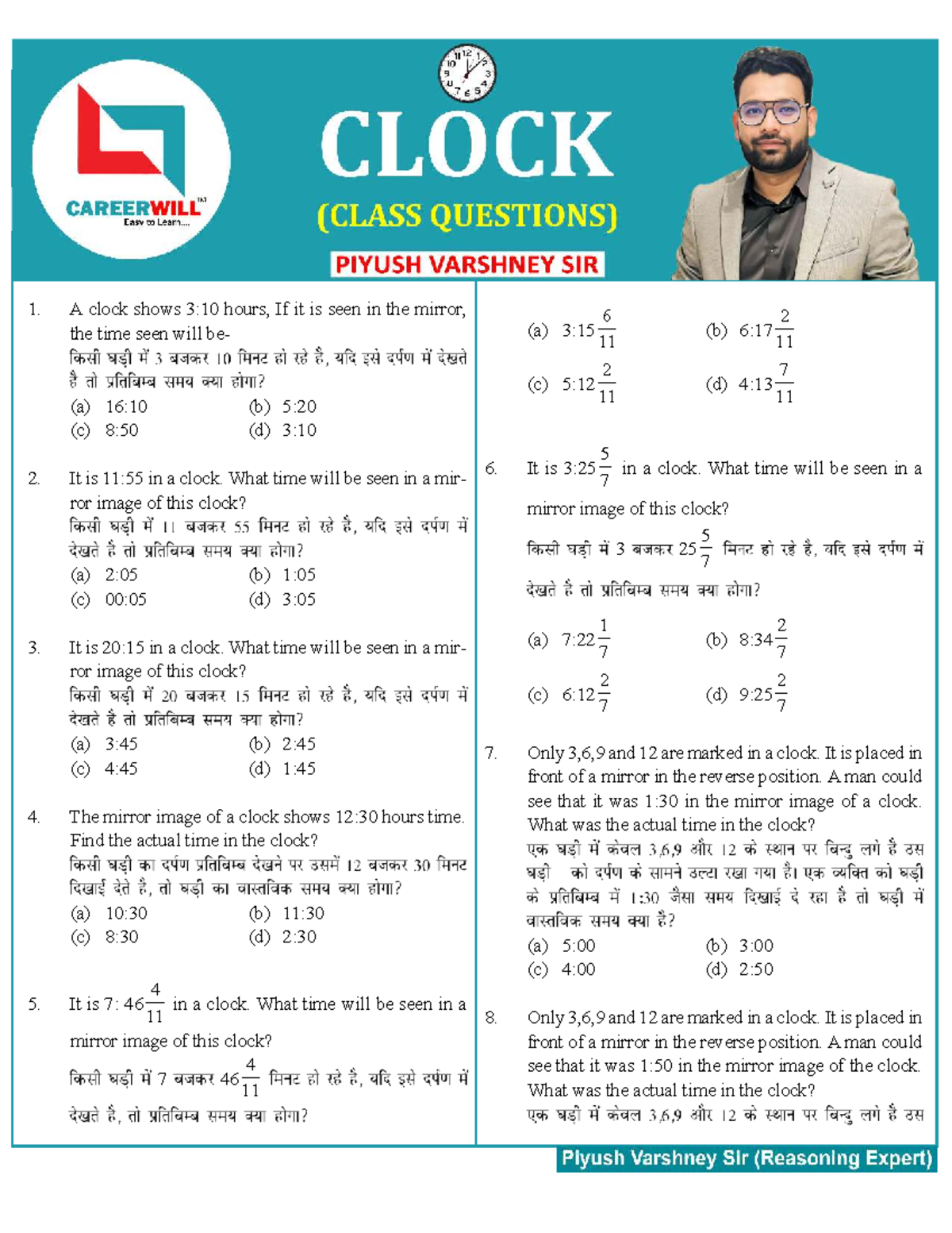 Reasoning - Clock Class Questions (CWEXTE) - Studocu