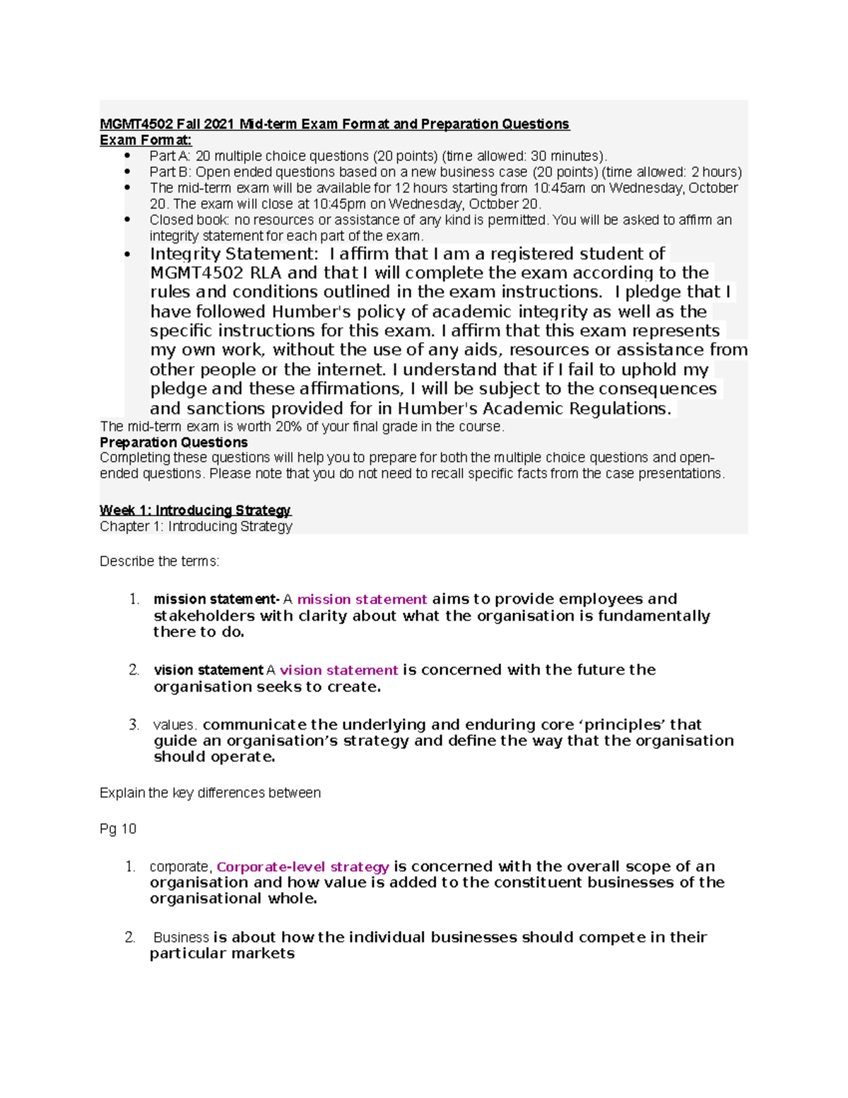 MGMT4502 Fall 2021 Midterm Exam Prep: Format & Key Questions - Studocu