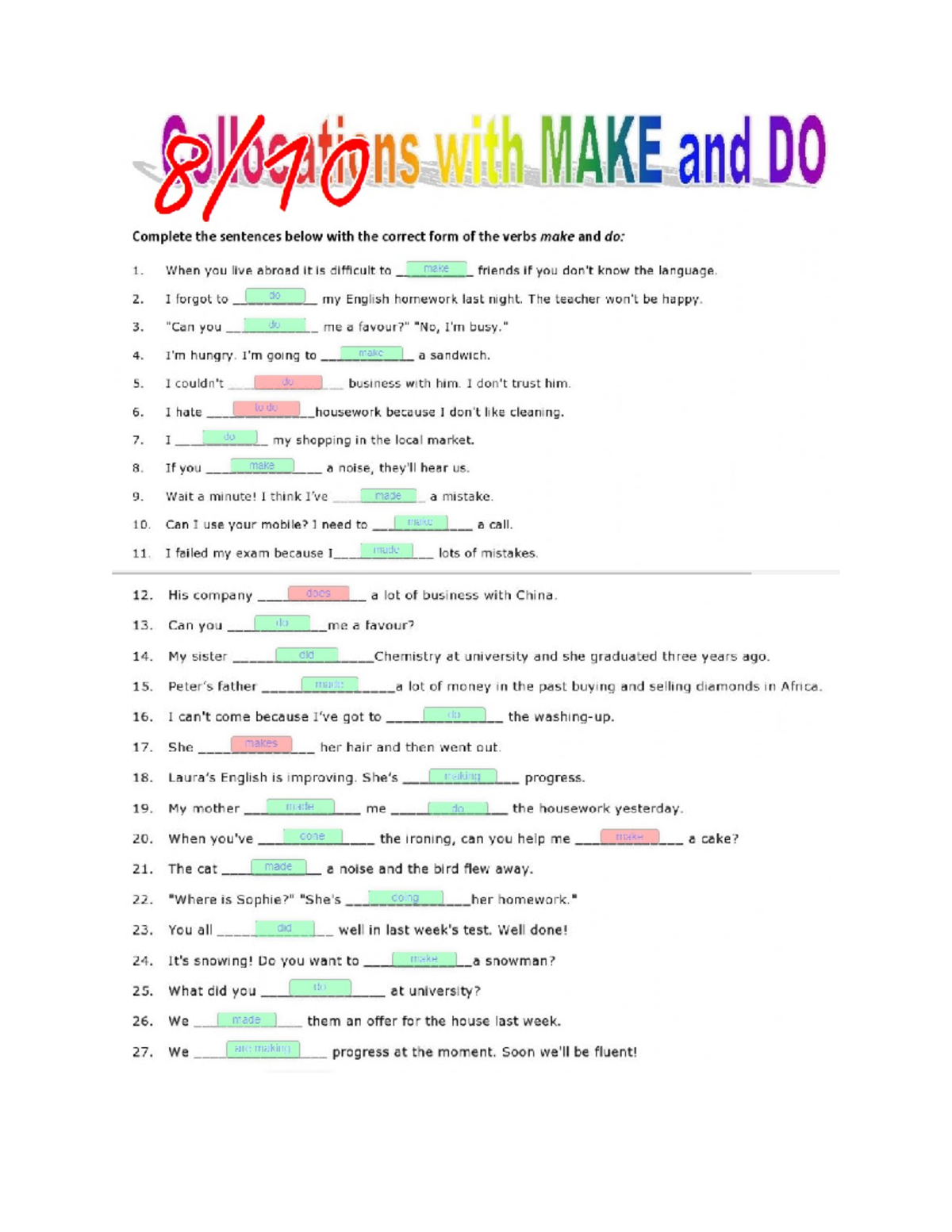 Collocations with MAKE and DO: Exercises and Examples - Studocu