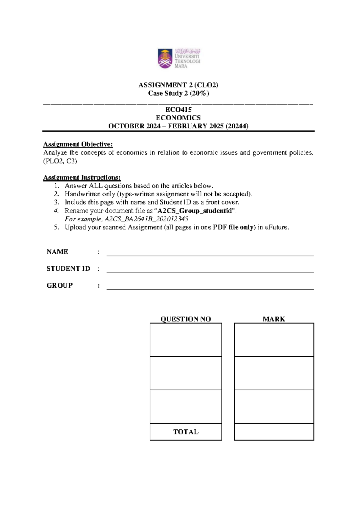 ECO415 Assignment 2 Case Study: Economic Analysis (20244) - Studocu