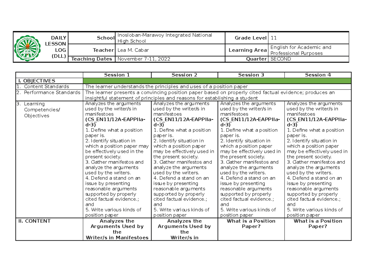 DLL-EAPP-2nd Quarter-Weekly Lesson Log for Position Papers - Studocu