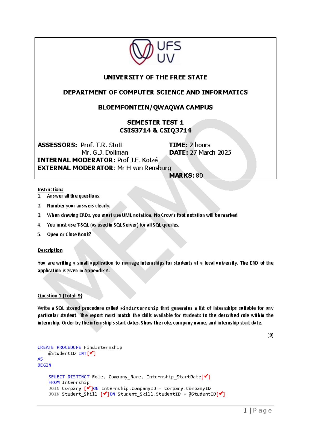 CSIS3714 Semester Test 1: Database Management & SQL Procedures 2025 ...