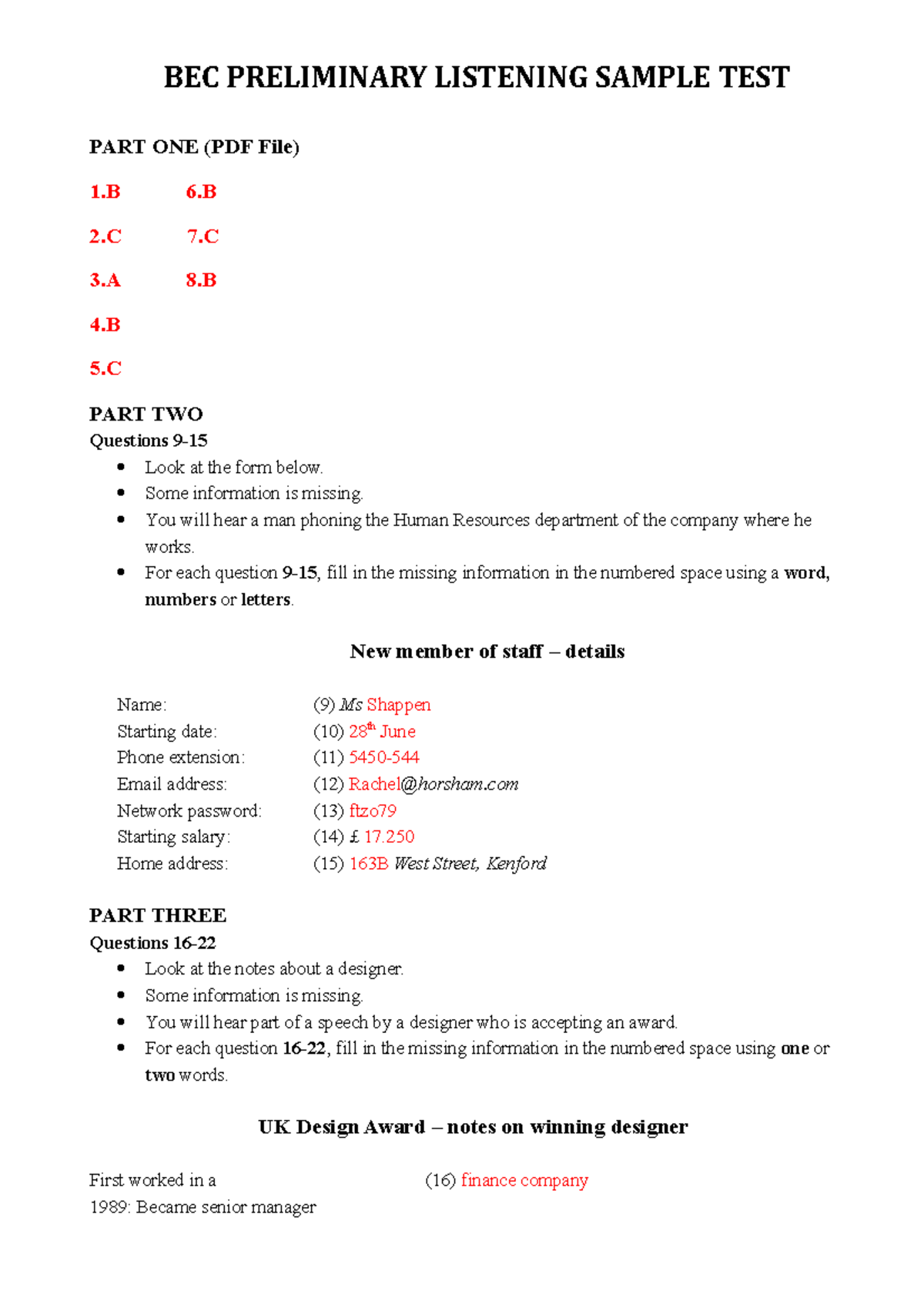 BEC Preliminary Listening Sample TEST - BEC PRELIMINARY LISTENING ...