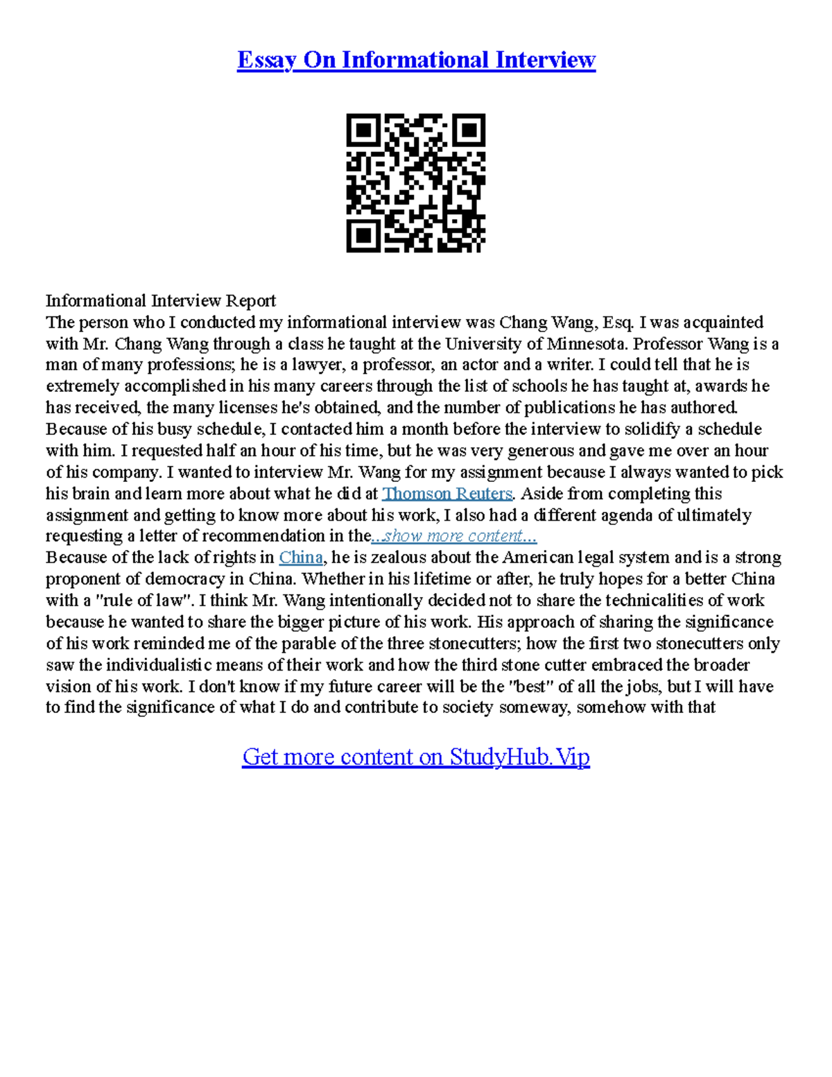 ENG 1001: Informational Interview Essay and Reflection Samples - Studocu