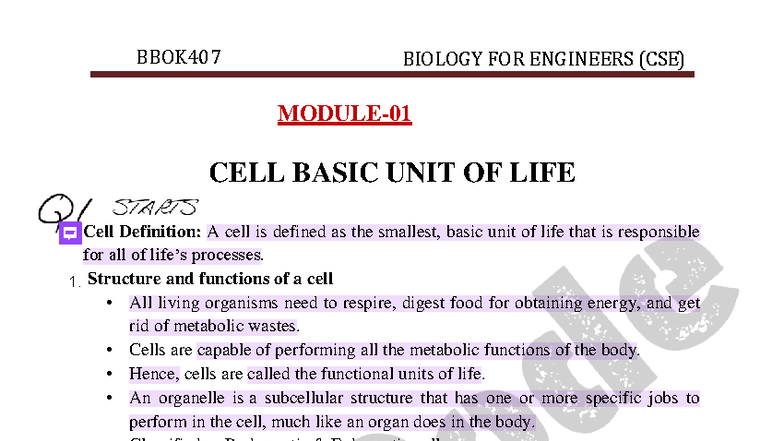 BBOK407 BIOLOGY FOR ENGINEERS (CSE) CELL STRUCTURE AND FUNCTIONS ...
