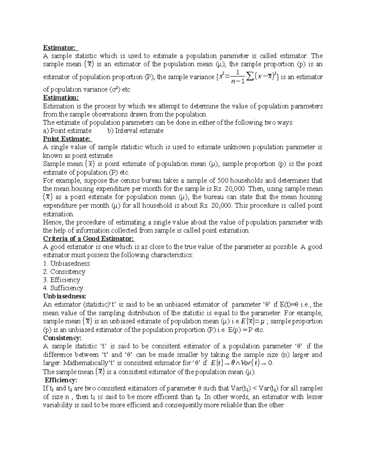 Theory of Estimation: Key Concepts and Characteristics (Unit 4) - Studocu