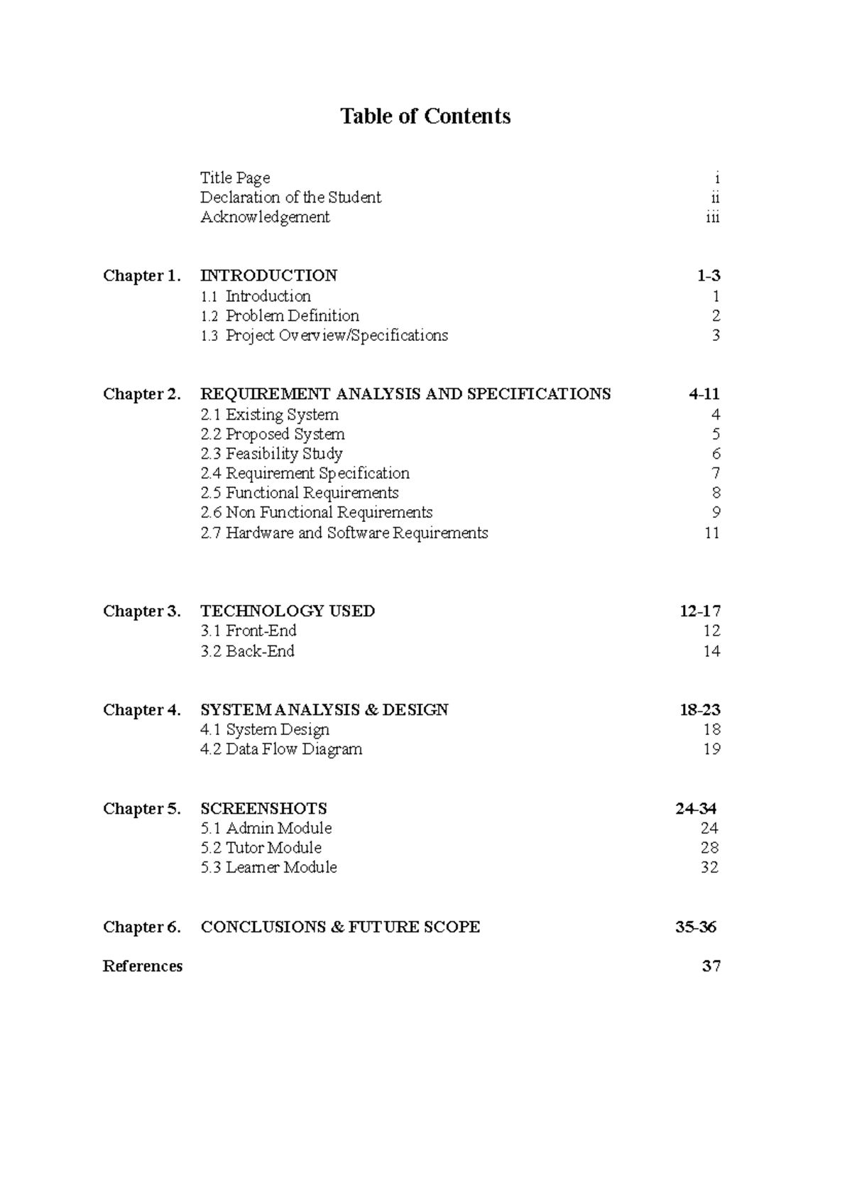 Table of Contents for Project Report: System Analysis & Design - Studocu