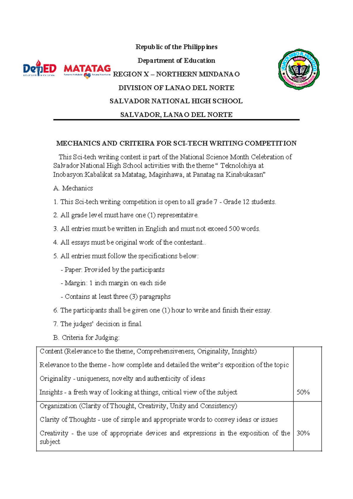 Criteria sci-techwriting - Republic of the Philippines Department of ...