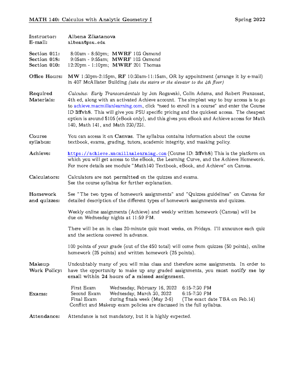 MATH 140 Spring 2022 Syllabus by Zikatanova: Course Info & Policies ...