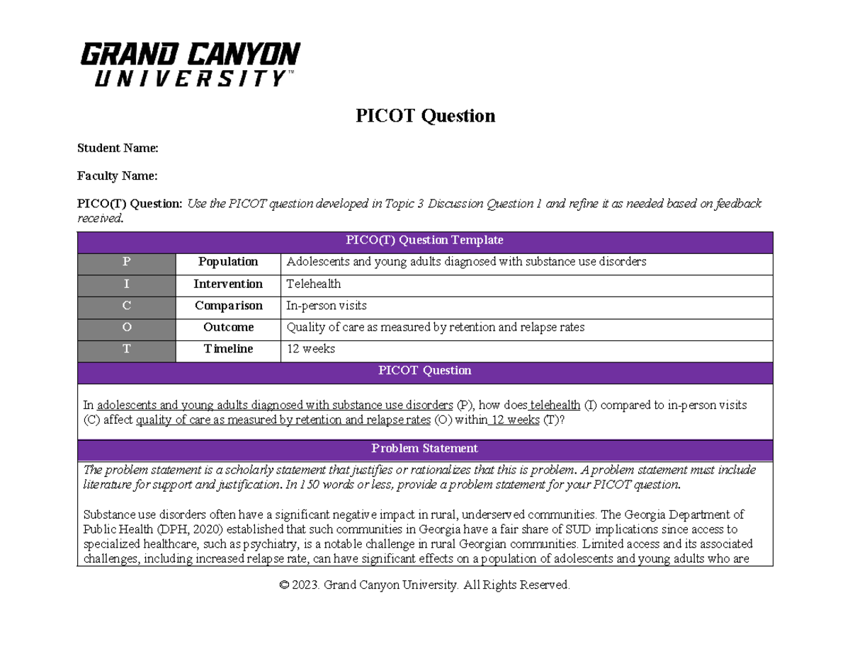 PICOT Question Development for Nursing Practice: SUD & Telehealth - Studocu