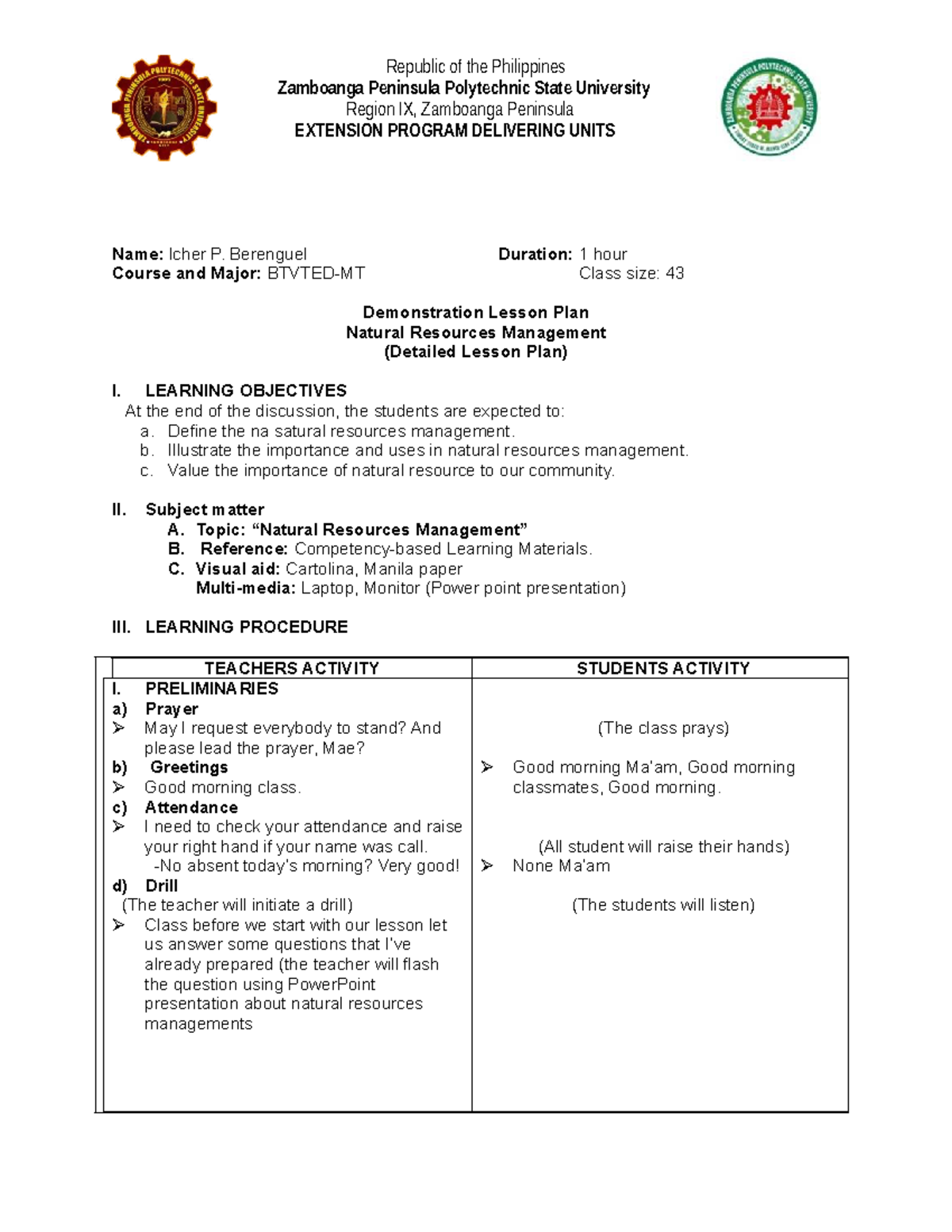 Nics-header - Detailed Lesson Plan on Natural Resources Management ...