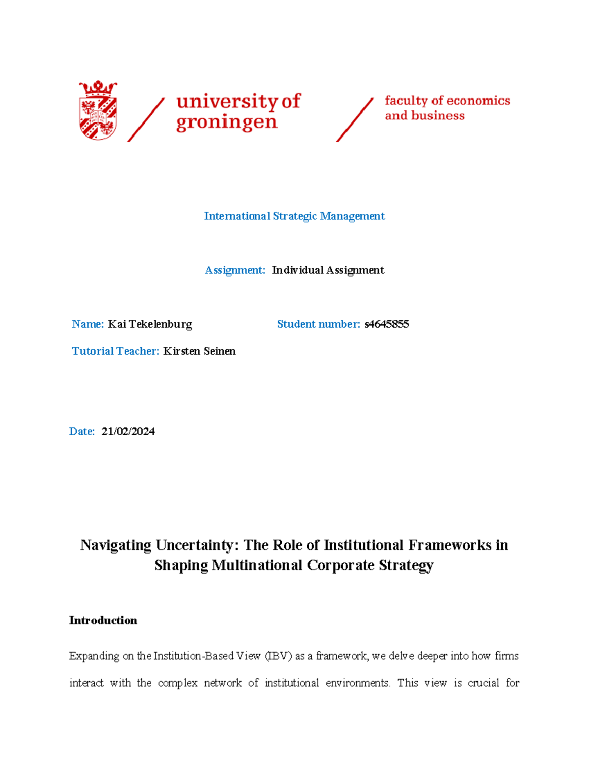 International Strategic Management: Individual Assignment 1 Analysis ...