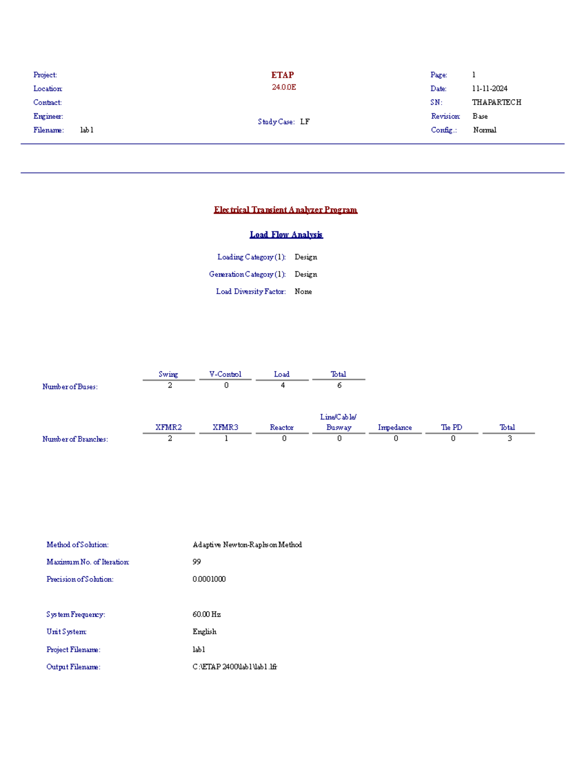 ETAP Study Case: LF Lab1 Load Flow Analysis & Summary Report - Studocu