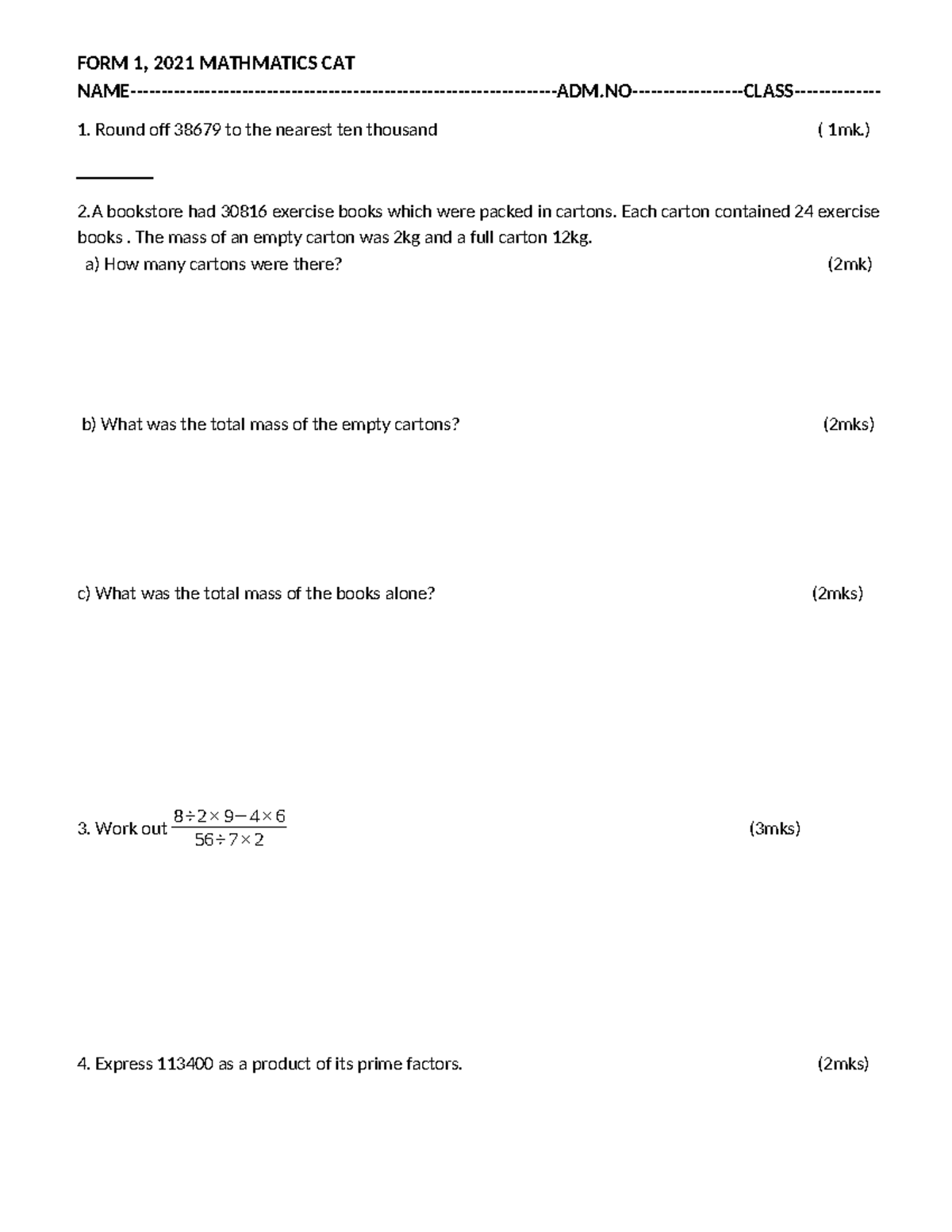 Set 1 Form 1 Math CAT Mid Term 1 2021 Exam Questions - Studocu